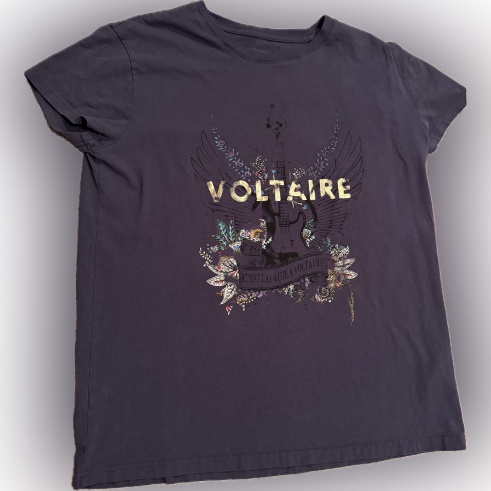Zadig & Voltaire Charcoal Tee with Gold Logo and Floral Guitar Graphic - Picture 3 of 5